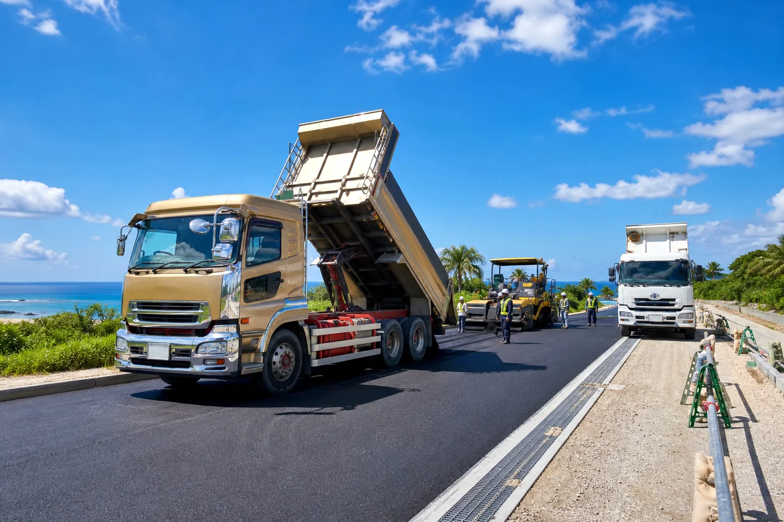 道路舗装工事の現場で資材を運搬するダンプトラック